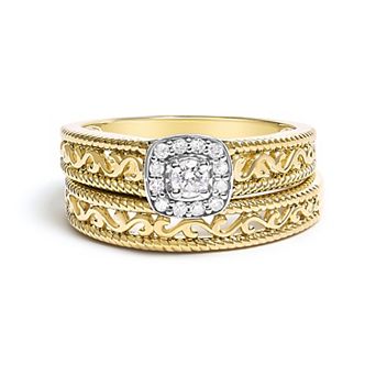 Haus of Brilliance 14k Gold Plated Sterling Silver 1/5 Carat T.W. Diamond Halo & Milgrain Engagement Ring Set