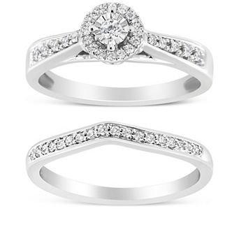 Haus of Brilliance Sterling Silver 1/3 Carat T.W. Diamond Halo & Pave Engagement Ring Set