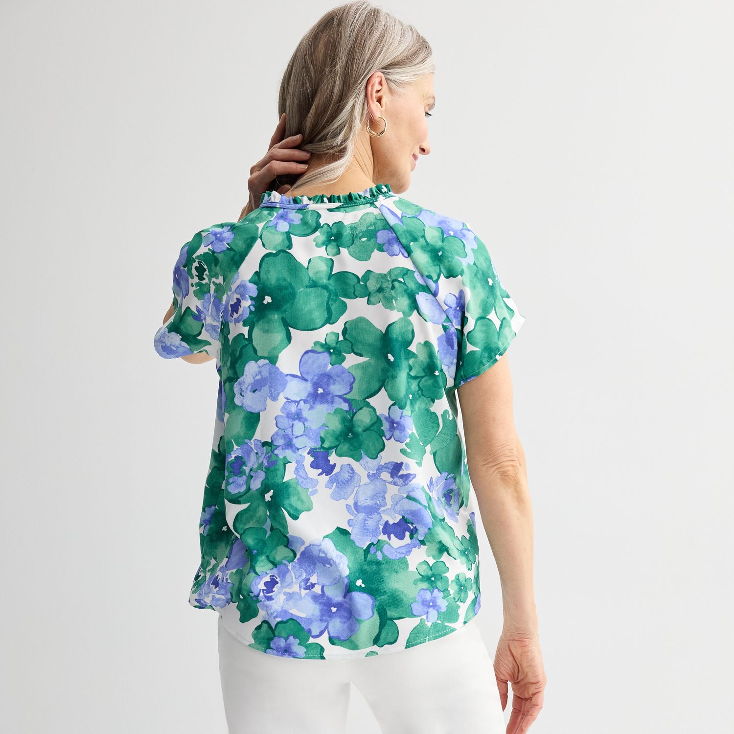 Sweat Femme Croft & Barrow Taille L, Bleu Foncé à Motif Floral, Col Montant Avec 1/4 Zip - Super état