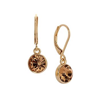 1928 Gold Tone Round Faceted Crystal Leverback Drop Earrings