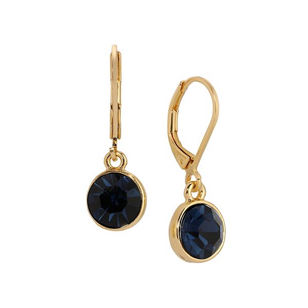 1928 Gold Tone Round Faceted Crystal Leverback Drop Earrings - Blue