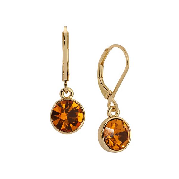 1928 Gold Tone Round Faceted Crystal Leverback Drop Earrings - Brown