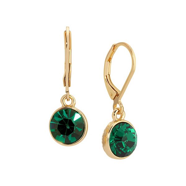 1928 Gold Tone Round Faceted Crystal Leverback Drop Earrings - Green