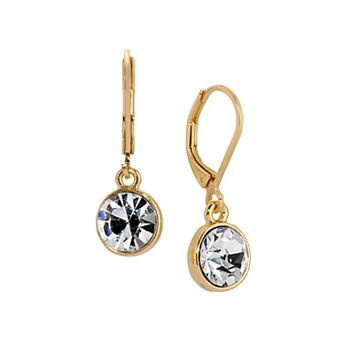 1928 Gold Tone Round Faceted Crystal Leverback Drop Earrings