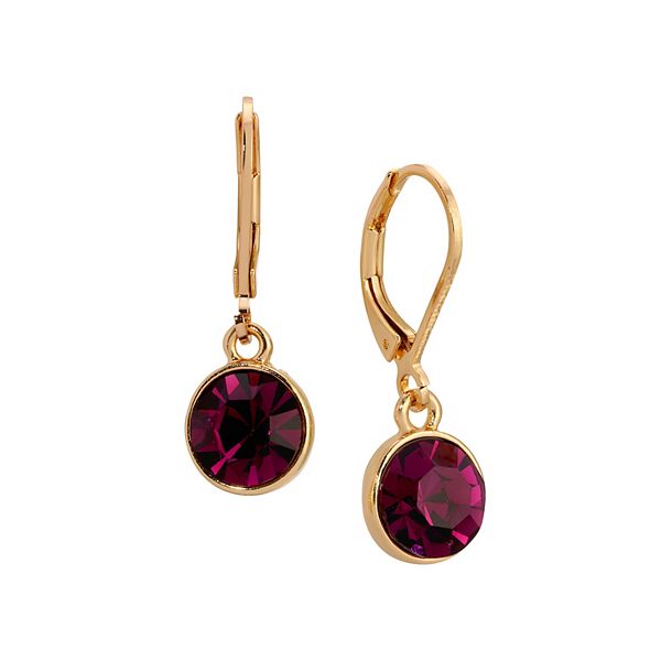 1928 Gold Tone Round Faceted Crystal Leverback Drop Earrings - Purple
