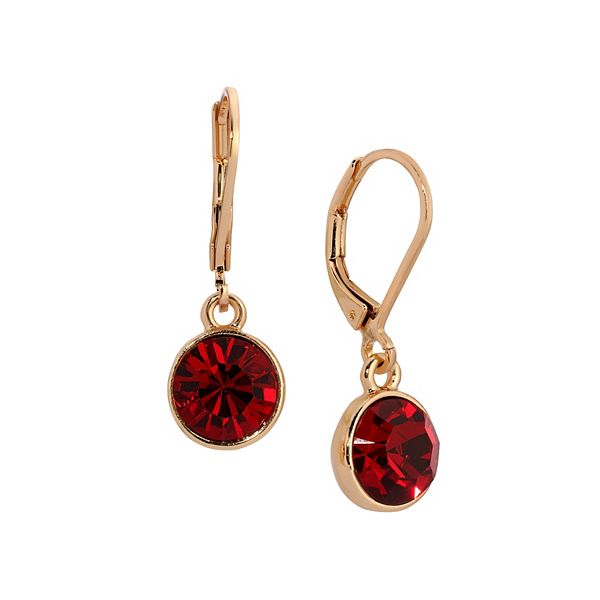 1928 Gold Tone Round Faceted Crystal Leverback Drop Earrings - Red