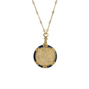 1928 Gold Tone Blue Enamel & Clear Crystal Zodiac Pendant Necklace