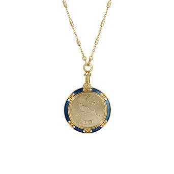 1928 Gold Tone Blue Enamel & Clear Crystal Zodiac Pendant Necklace