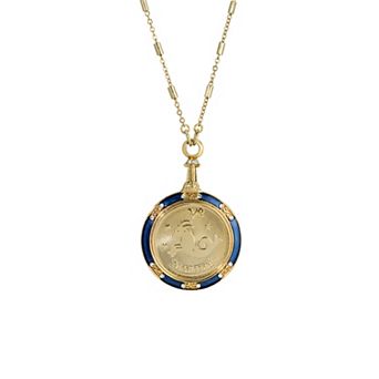 1928 Gold Tone Blue Enamel & Clear Crystal Zodiac Pendant Necklace