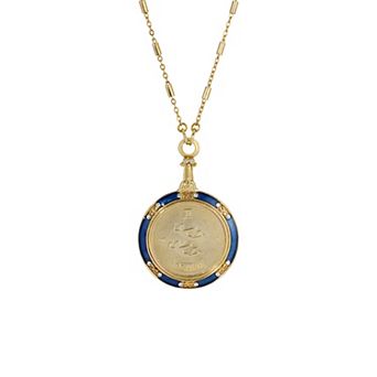 1928 Gold Tone Blue Enamel & Clear Crystal Zodiac Pendant Necklace