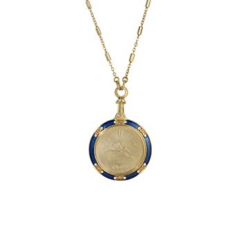 1928 Gold Tone Blue Enamel & Clear Crystal Zodiac Pendant Necklace