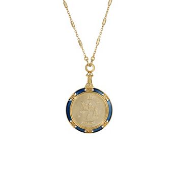 1928 Gold Tone Blue Enamel & Clear Crystal Zodiac Pendant Necklace