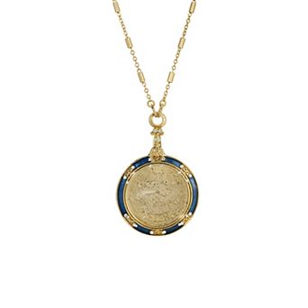 1928 Gold Tone Blue Enamel & Clear Crystal Zodiac Pendant Necklace