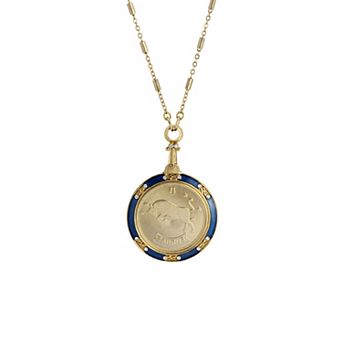 1928 Gold Tone Blue Enamel & Clear Crystal Zodiac Pendant Necklace