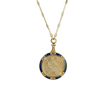 1928 Gold Tone Blue Enamel & Clear Crystal Zodiac Pendant Necklace