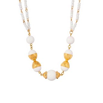 1928 Gold Tone White Round Beaded Necklace