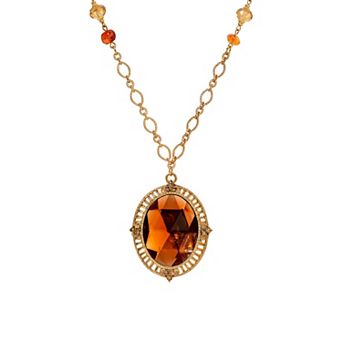 1928 Gold Tone Oval Colorado Stone With Faux Amber Beads Pendant Necklace