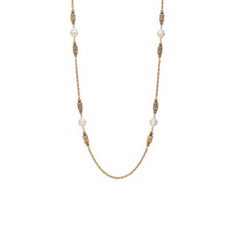 1928 Gold Tone Faux Pearl Fluted Bead Necklace