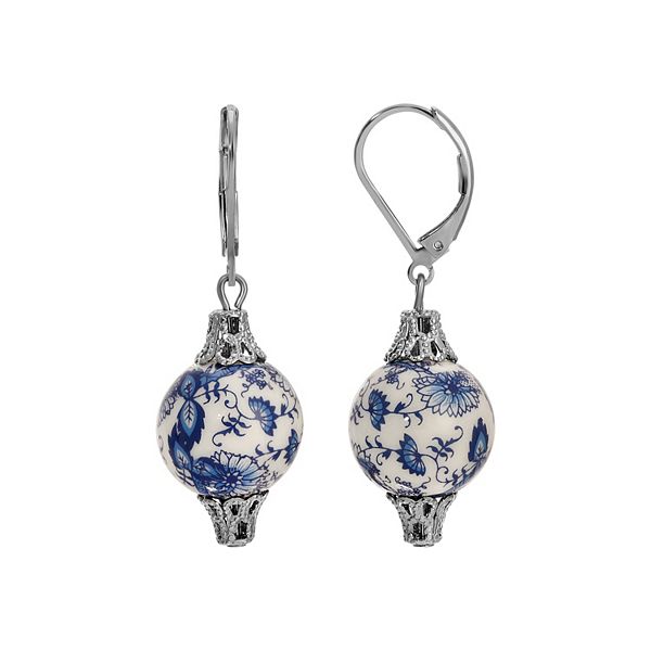 1928 Silver Tone Blue Willow Beaded Drop Earrings - Blue