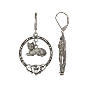 1928 Silver Tone Pewter With Crystal Stones Circle Cat Earrings