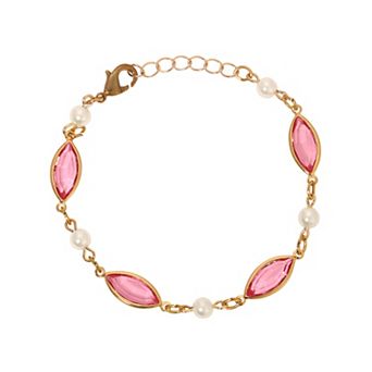 1928 Gold Tone Pink Crystal Faux Pearl Bead Bracelet