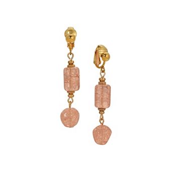 1928 Gold Tone Peach Cracked Glass Clip On Drop Earrings