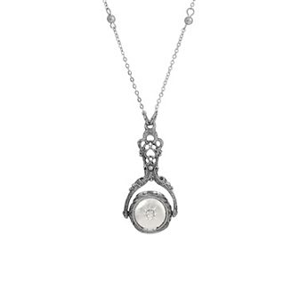1928 Silver Tone Faux Pearl Crystal Spinner Locket Necklace
