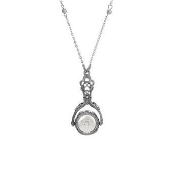 1928 Silver Tone Faux Pearl Crystal Spinner Locket Necklace