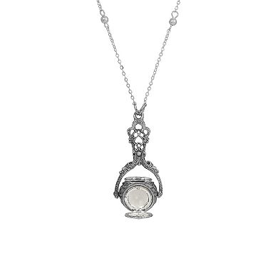 1928 Silver Tone Faux Pearl Crystal Spinner Locket Necklace