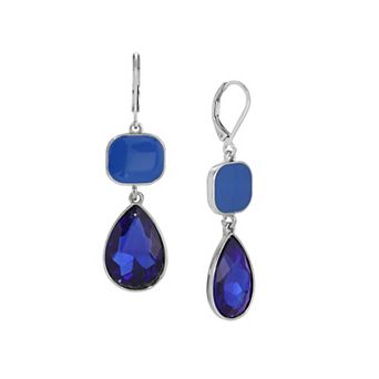 1928 Silver Tone Blue Double Teardrop Leverback Earrings