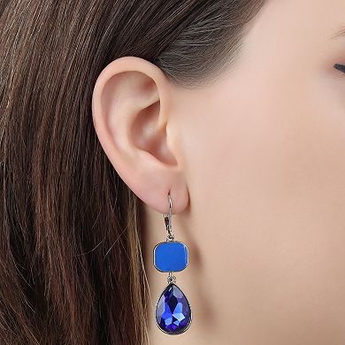 1928 Silver Tone Blue Double Teardrop Leverback Earrings