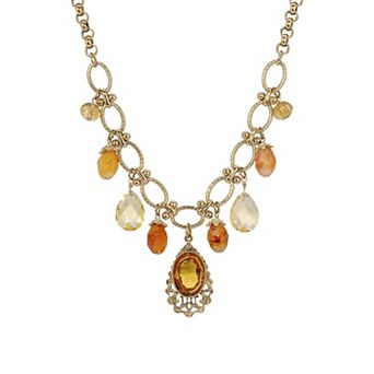 1928 Gold Tone Topaz Crystal Faux Amber Beads Necklace