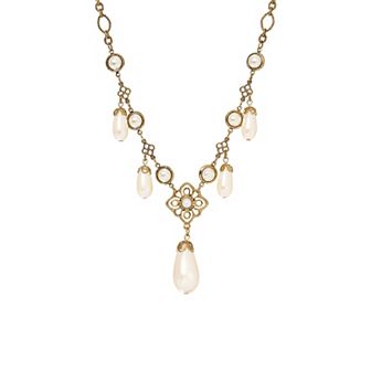 1928 Gold Tone Filigree Faux Pearl Drop Necklace