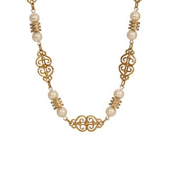 1928 Gold Tone Filigree Faux Pearl Bead Necklace