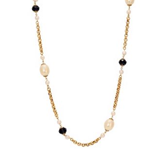 1928 Gold Tone Blue Glass Faux Pearl Necklace