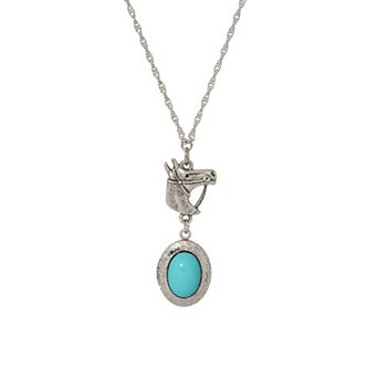1928 Silver Tone Faux Turquoise Oval Horse Locket Necklace