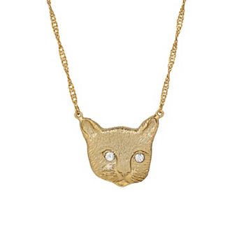 1928 Gold Tone Cat Face Crystal Glass Stone Pendant Necklace