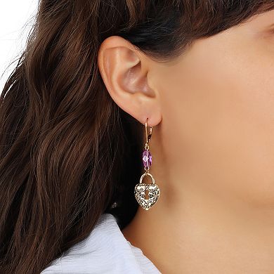 1928 Gold Tone Filigree Heart Padlock Purple Bead Leverback Drop Earrings