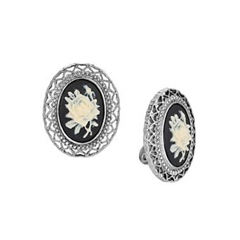 1928 Silver Tone Black And Ivory Oval Clip On Earrings