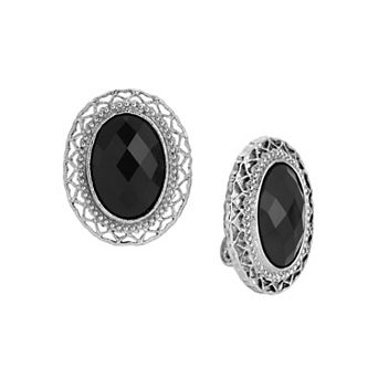 1928 Silver Tone Acrylic Oval Black Clip On Earrings
