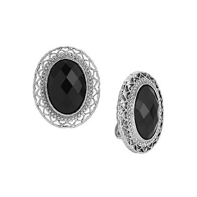 1928 Silver Tone Acrylic Oval Black Clip On Earrings