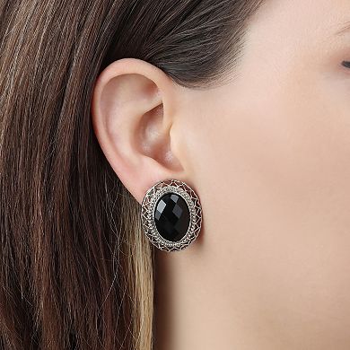 1928 Silver Tone Acrylic Oval Black Clip On Earrings