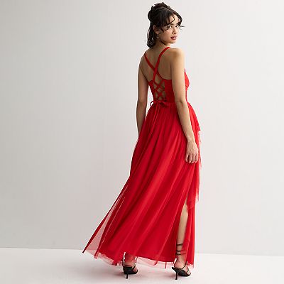 juniors' tiered-mesh cut-out dress Tiered Tulle Cut-Out Maxi Dress