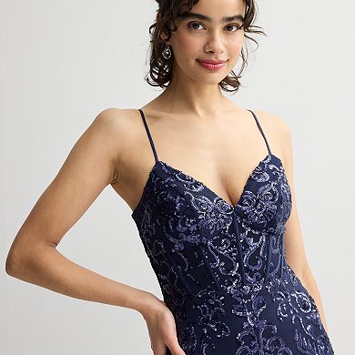 Juniors' Spilling Tea Pattern Sequin Corset Dress