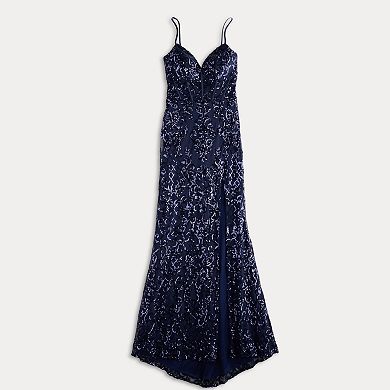 Juniors' Spilling Tea Pattern Sequin Corset Dress