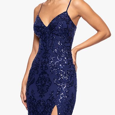 Juniors' Spilling Tea Pattern Sequin Corset Dress
