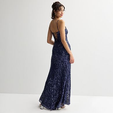 Juniors' Spilling Tea Pattern Sequin Corset Dress