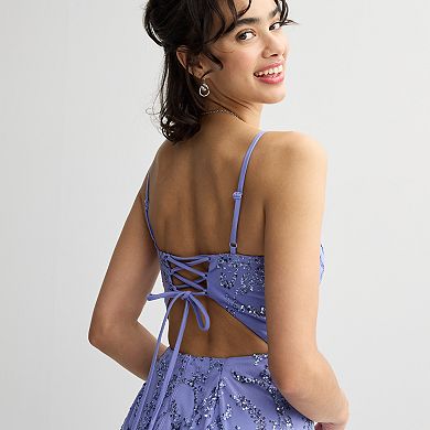 Juniors' Spilling Tea Glitter Mesh V-Neck Tie Back Dress