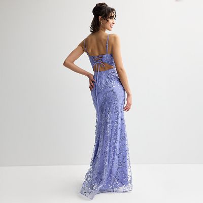 Juniors' Spilling Tea Glitter Mesh V-Neck Tie Back Dress