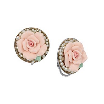 1928 Silver Tone Pink Flower Faux Pearl Round Clip On Earrings